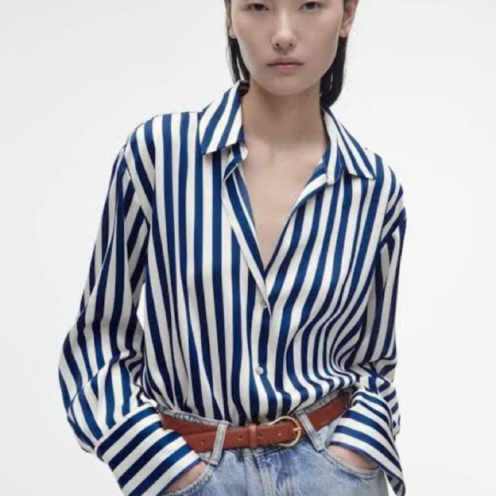 Zara Blue and White Striped Button Down Shirt